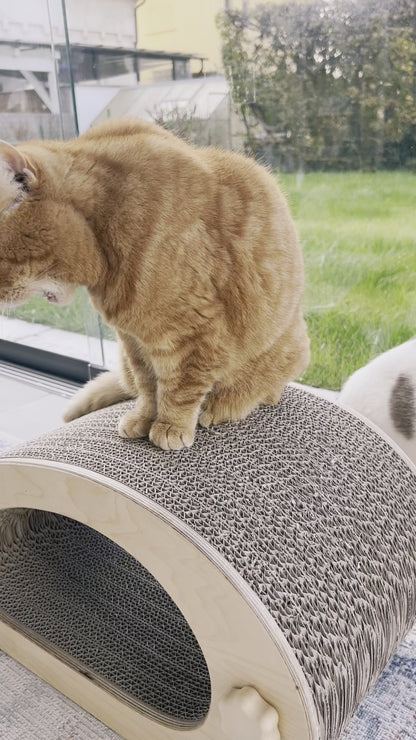 Kratzmöbel für Katzen in Form einer abstrakten Maus mit einem Liegetunnel im Inneren bestehend aus zwei hellen Holzelementen mit Wellpappebögen dazwischen. Die Verschraubung erfolgt mit Muttern aus Holzfilament in Form von abgerundeten Sternen. Auf dem Kratzmöbel sitzt eine mittelgroße, rotgetigerte Katze, um die Größe des Kratzmöbels in Relation zur Katze darzustellen.